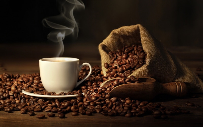 refreshment, food, caffeine, no people, coffee, indoors, brown, 1080P, sack, seed, crockery, roasted coffee bean, still life, coffee cup, jute, table