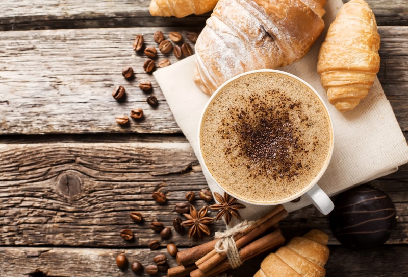 Cup, Cinnamon, Star Anise, indoors, roasted coffee bean, 1080P, Breakfast, directly above, still life, high angle view, ingredient, drink, close-up, food and drink