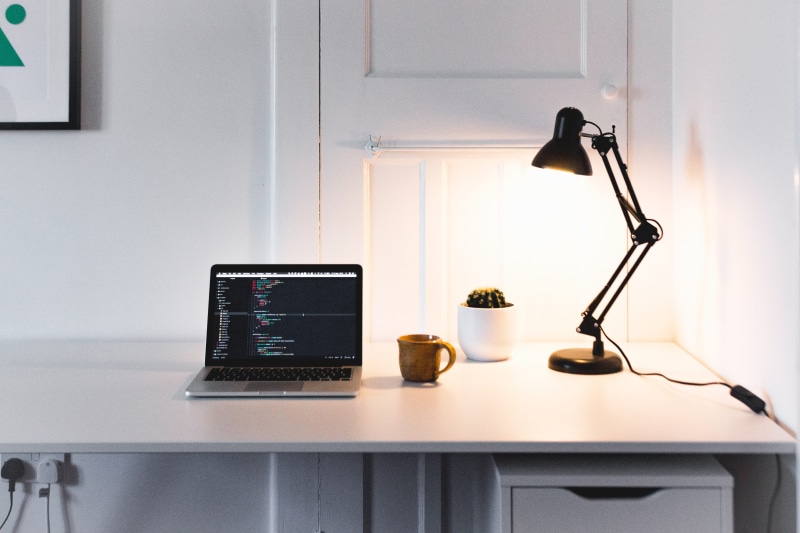 laptop, coffee, turned, modern, gray, no people, light, drawers, technology, 5K, macbook pro, corporate business, electric lamp, home interior, morning