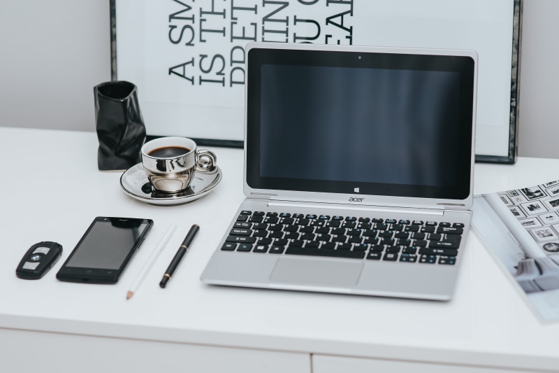 workplace, office, keyboard, communication, equipment, minimal, notebook, scandinavian, technology, high angle view, 5K, wireless technology, scandi, Laptop computer