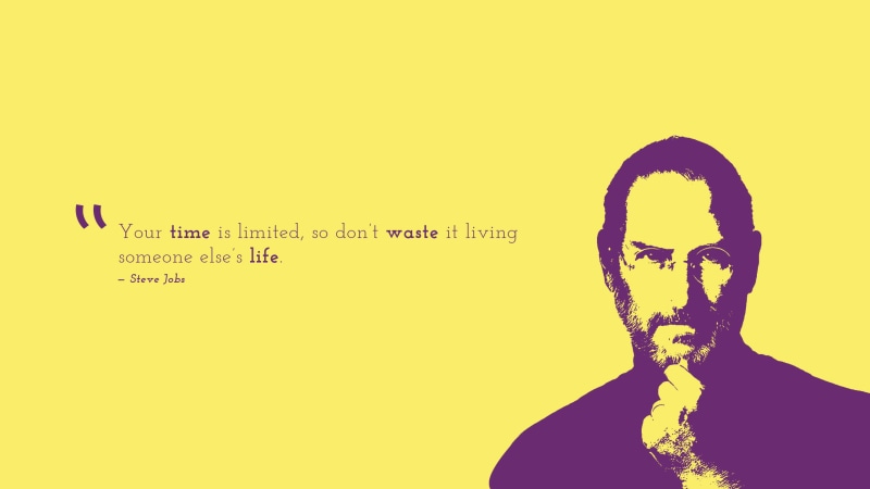 one person, text, digital composite, studio shot, portrait, Steve Jobs, art and craft, 2K, contemplation, Dont waste, complexity, indoors, technology