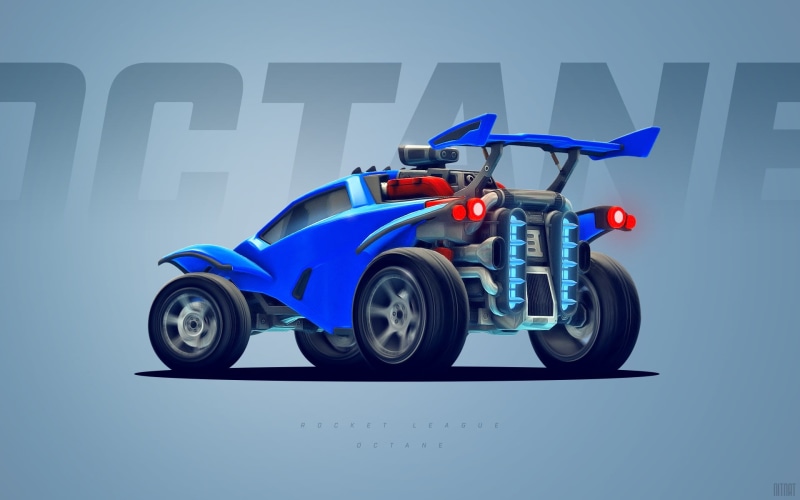 indoors, render, day, blue, parking, Octane, mode of transportation, video games, stationary, western script, land vehicle, still life, Rocket League, toy