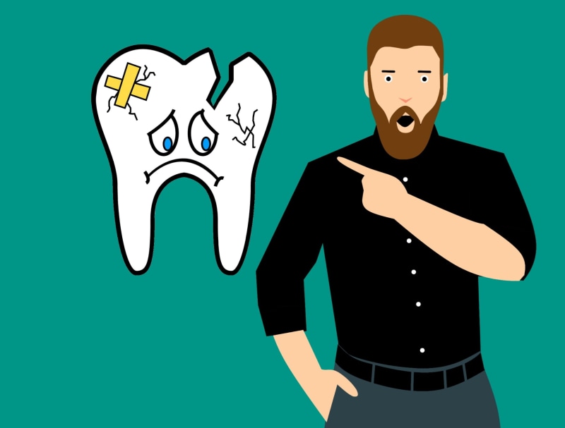 young men, cartoon, illustration, office, beard, broken, green color, colored background, standing, cavity, 1080P, oral, people, broken tooth, happiness