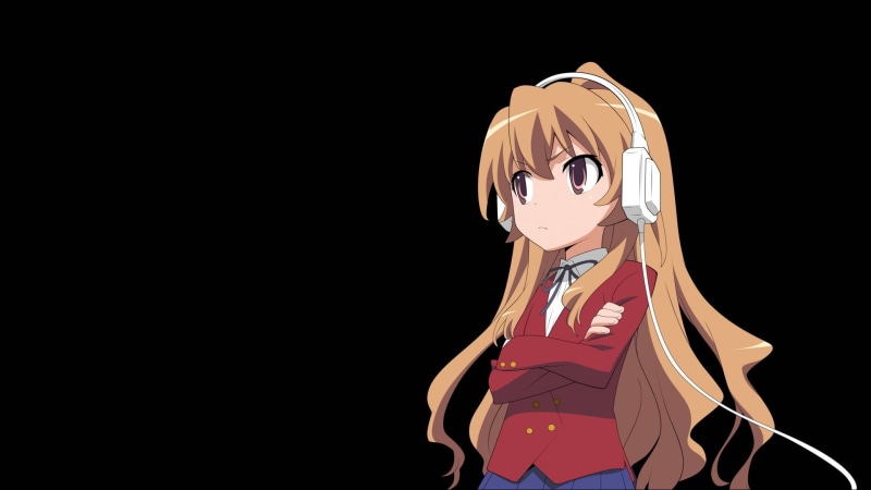 mask, anime, Toradora!, black background, representation, disguise, art and craft, female, wearing, Aisaka Taiga, standing, headphones, creativity, indoors