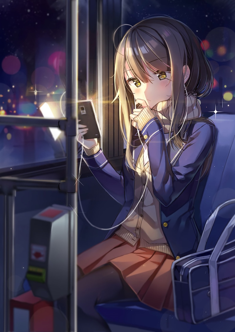 occupation, stockings, headphones, anime girls, young adult, listening, telephone, adult, women, long hair, one person, brunette, audio equipment, anime