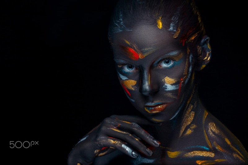 portrait, make-up, Volodymyr Melnyk, body part, indoors, 1080P, women, colorful, one person, face paint, mystery, fantasy, young adult, stage make-up