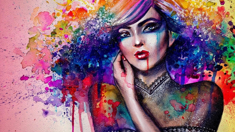 indoors, messy, art and craft, fashion, beauty, young adult, vibrant color, portrait, studio shot, colorful, creativity, adult, face paint, paint, artwork