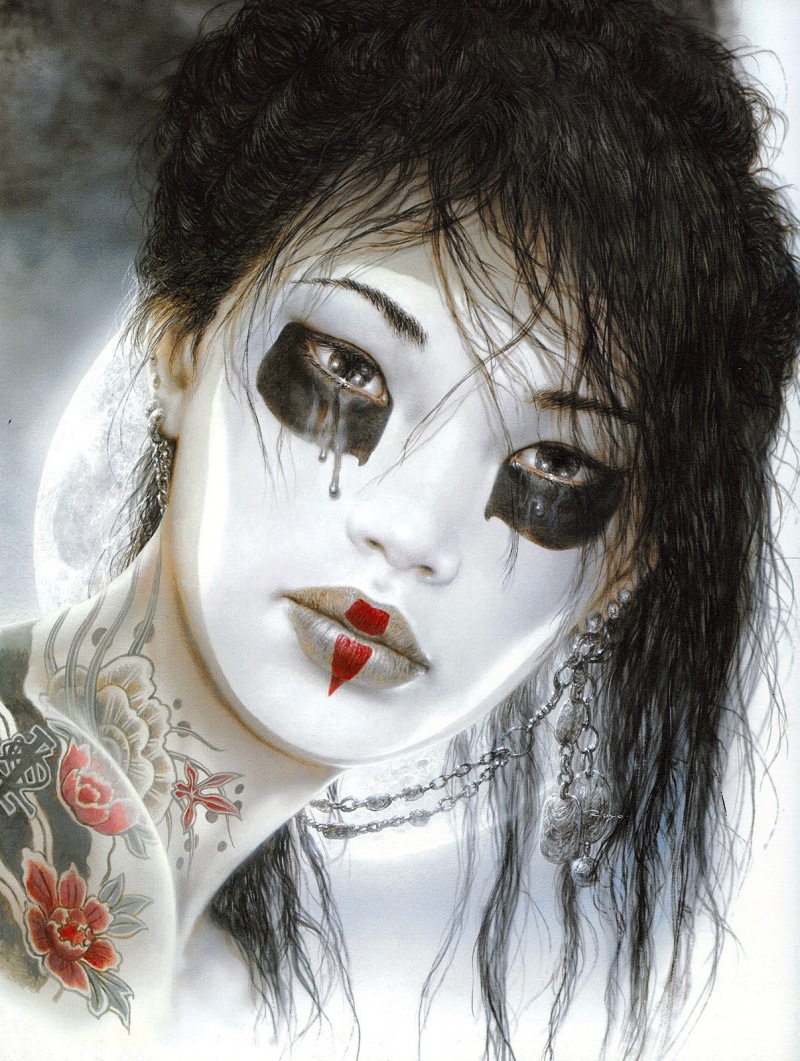 headshot, adult, 720P, beautiful people, evil, elegance, beautiful woman, human face, hair, portrait, Dead Moon, fashion, females, tattoo, Luis Royo, lipstick