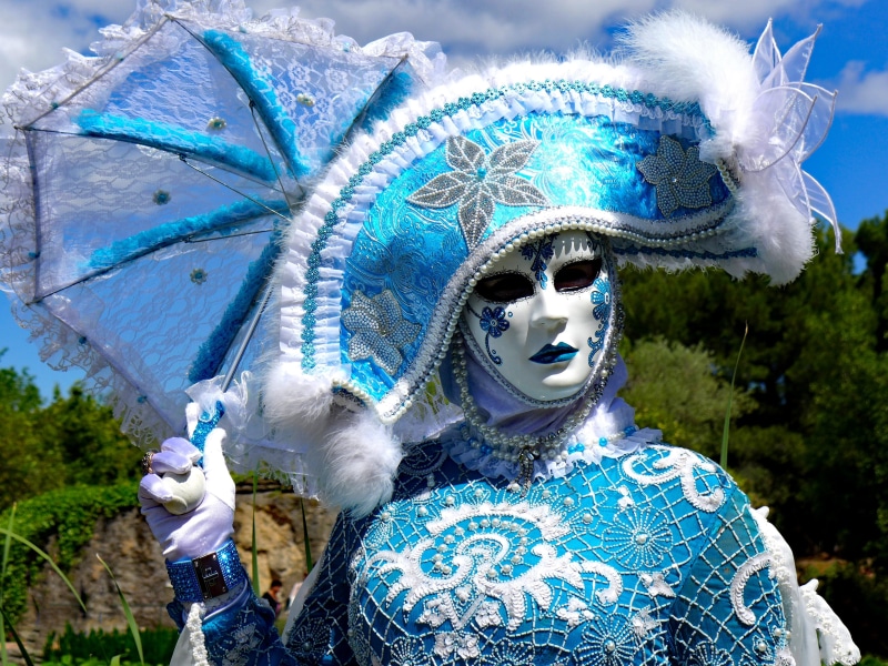 venice Carnival, day, traditional clothing, carnival - celebration event, blue girl, green color, masquerade, theatrical performance, festival, mask - Disguise