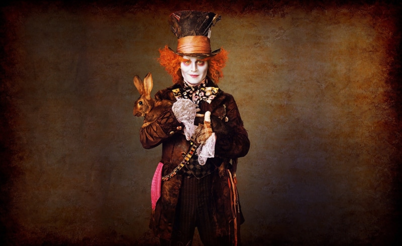 adult, one person, vignette, 2K, alice in wonderland characters, looking at camera, women, wonderland, young adult, indoors, johnny depp as the mad hatter