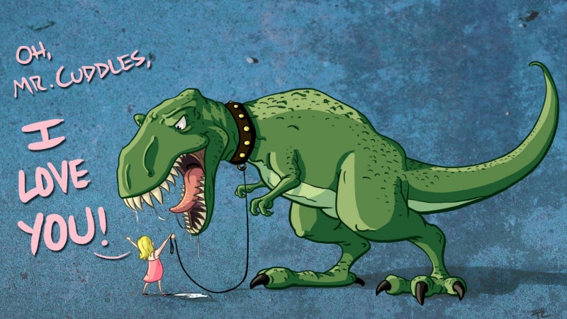 cuddles, mr, pet, dinosaurs, 1080P, t, digital, oh, love, t-rex, artwork, humor, girl, rex