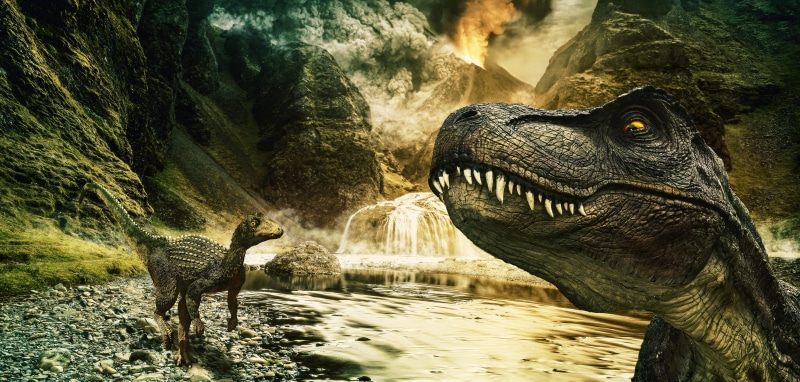 outdoors, animal themes, lava, raptor, 5K, tyrannosaurus, animal body part, t rex, waterfall, jurassic world, history, digital, animal head, compositing