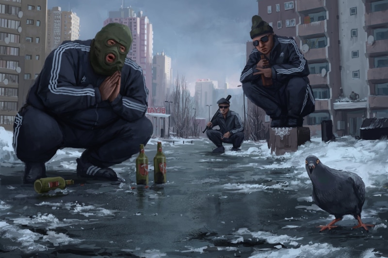 Gopniktown, 1080P, Gopnik, Winter, Squating slavs, Art, Street, The city, Figure, Characters, Humor, Stefan Koidl, Dove, Illustration, by Stefan Koidl