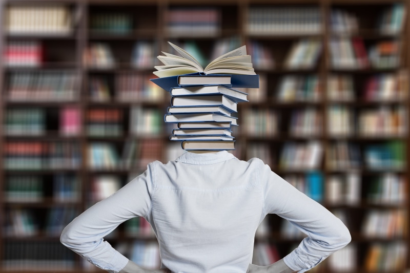 book stack, 5K, literature, bookshelf, stack, shelf, one person, indoors, rear view, studying, standing, learning, expertise, university, obscured face