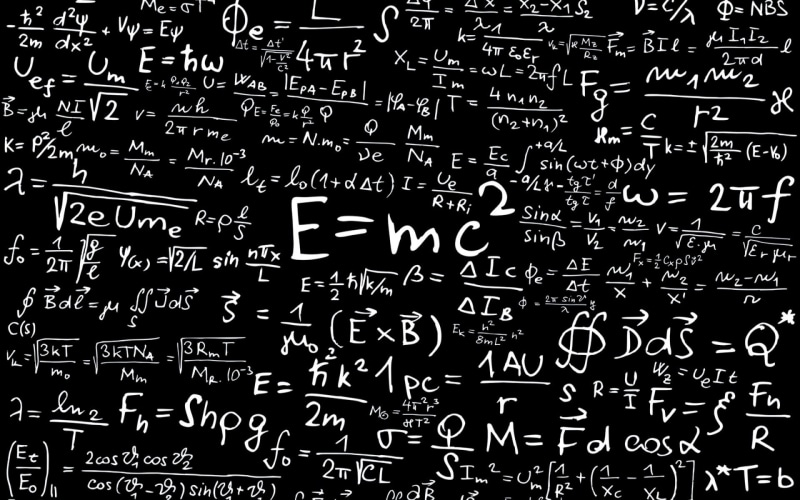 indoors, complexity, mathematics, symbol, paper, blackboard, information sign, number, communication, close-up, no people, albert einstein science knowledge
