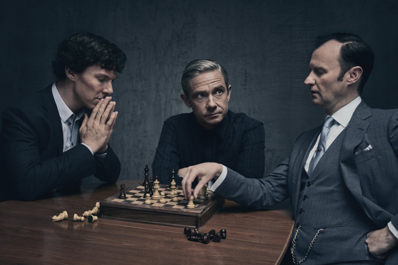 Mark Gatiss, the game, chess, Mycroft Holmes, Sherlock (TV series), Martin man, Sherlock, Sherlock Holmes, Benedict Cumberbatch, 4K, Sherlock BBC, background