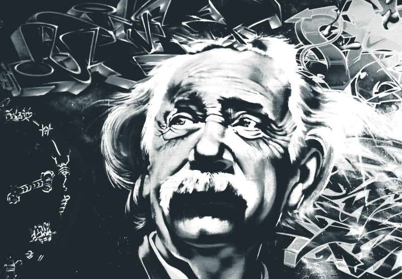 5K, human face, albert einstein, human body part, art and craft, photo, mural, day, indoors, portrait, no people, emotion, craft, black and white, mouth