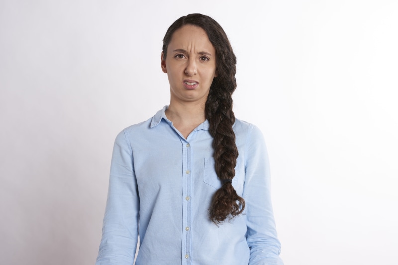 looking at camera, hairstyle, idea, hair, thinking, long hair, 5K, confused, shirt, casual clothing, copy space, near, portrait, painted, think, upset