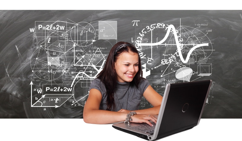 one person, using, board, study, laptop, smiling, know, symbol, classroom, technology, diameter, child, 4K, school, education, using laptop, geometry