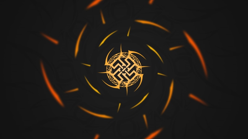 orange color, studio shot, illuminated, indoors, full frame, black, circle, black color, 1080P, abstract, no people, shape, swastika, glowing