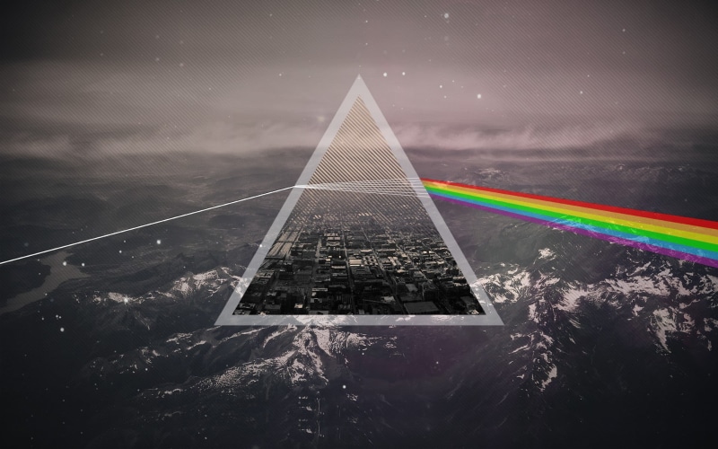 Pink Floyd, built structure, triangle, no people, triangle shape, digital composite, shape, tourism, mountains, cloud - sky, building, The Dark Side of the Moon