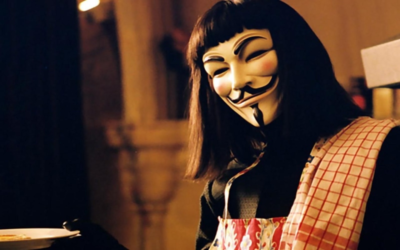 front view, headshot, V for Vendetta, beauty, hairstyle, indoors, real people, disguise, focus on foreground, one person, young women, beautiful woman