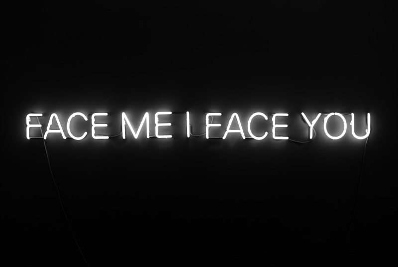 light - natural phenomenon, single Word, no people, message, sign, Face Me I Face You, 5K, communication, neon, background, capital letter, black, glowing