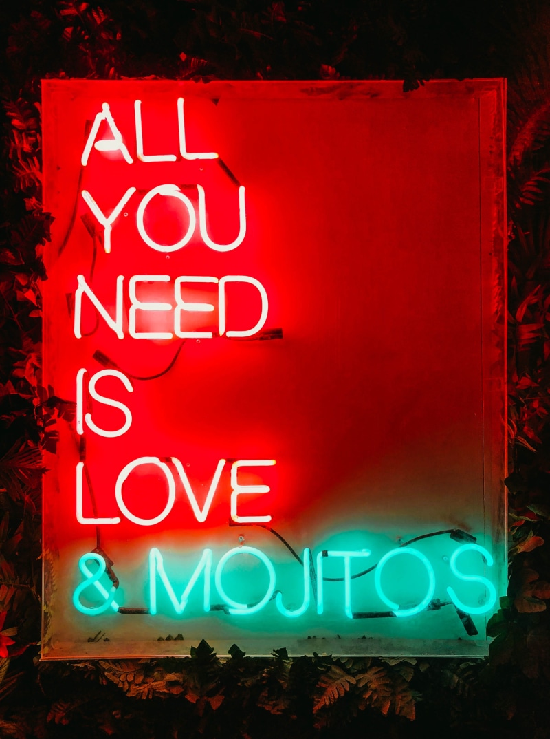 neon, capital letter, illuminated, communication, lighting equipment, advertisement, led, love, red, nightlife, light, mojitos, multi colored, marketing