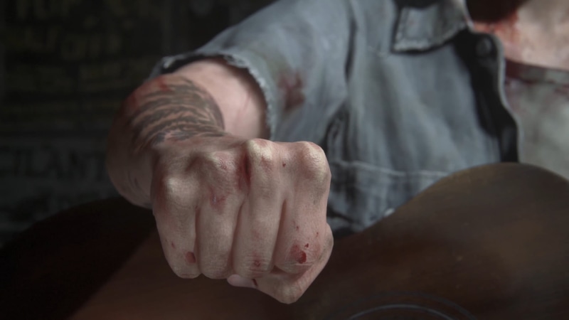 hands clasped, human body part, The Last of Us Part 2, sitting, one person, men, indoors, dirty, close-up, real people, 1080P, focus on foreground, Ellie