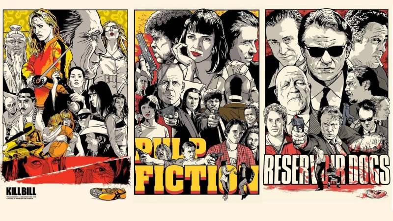 transfer print, people, human representation, indoors, creativity, Kill Bill, comic, Reservoir Dogs, representation, pulp, full frame, communication, male likeness