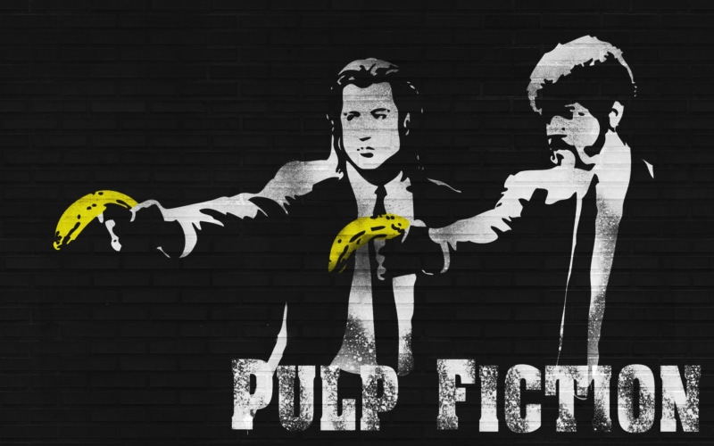 text, movies, front view, fiction, architecture, 2K, creativity, wall, Pulp Fiction, people, childhood, male likeness, brick wall, pulp, poster, building exterior