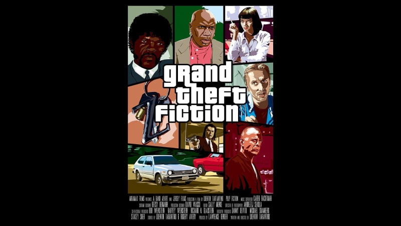 indoors, fan art, 1080P, movies, creativity, text, copy space, males, adult, Pulp Fiction, representation, women, Quentin Tarantino, window, business