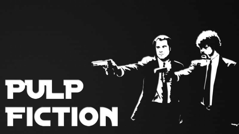 communication, young adult, John Travolta, gun, young men, Pulp Fiction, Quentin Tarantino, text, portrait, 720P, black background, two people, Samuel L. Jackson