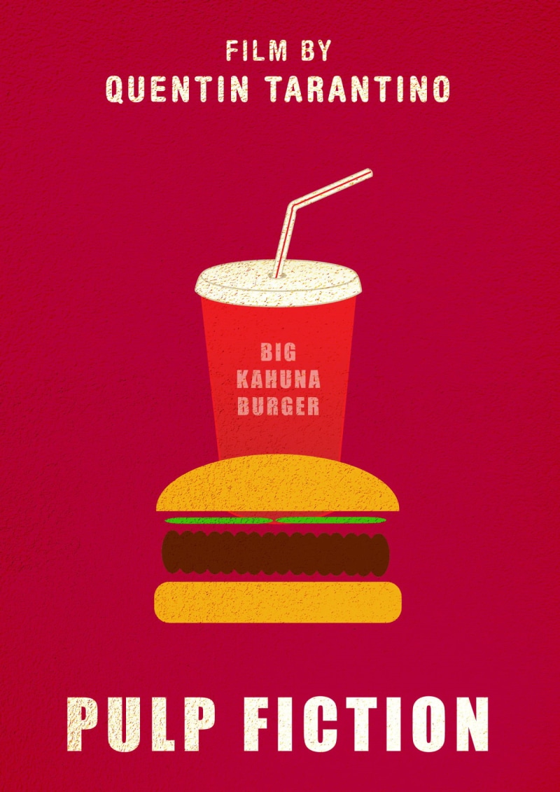 simple, fan art, minimalism, Pulp Fiction, movie poster, burgers, purple background, 1994 (Year), 720P, drink, portrait display, Quentin Tarantino, movies
