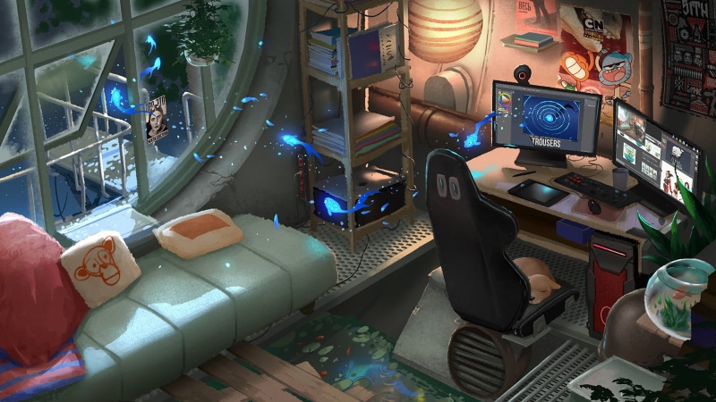 table, computer, music, Cartoon Network, computer monitor, no people, high angle view, luxury, 1080P, large group of objects, black, equipment, technology