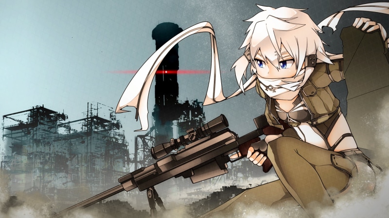 female, metal, Gun Gale Online, rifle, built structure, wall - building feature, architecture, machinery, electric lamp, nature, transportation, hanging