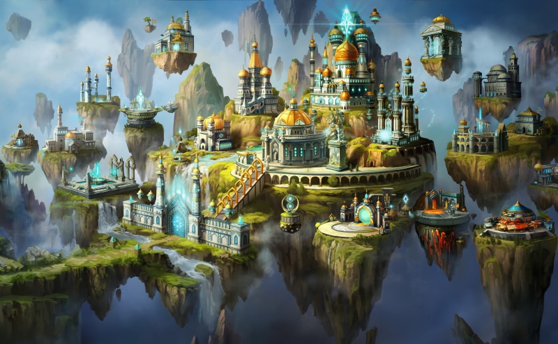 magic, lake, Heroes, buildings, waterfront, multicolored, reflection, Strategy, building, building exterior, Games, Game, place of worship, might
