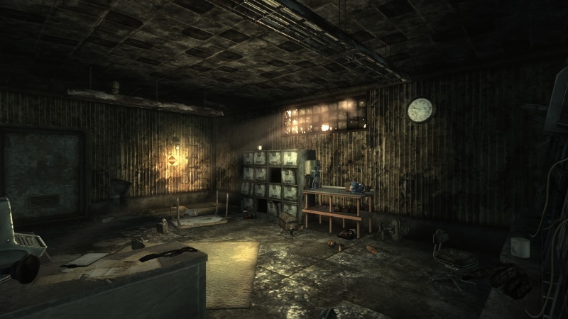 ceiling, building, run-down, absence, Fallout, table, Fallout 3, chair, furniture, built structure, lighting equipment, domestic room, abandoned, deterioration