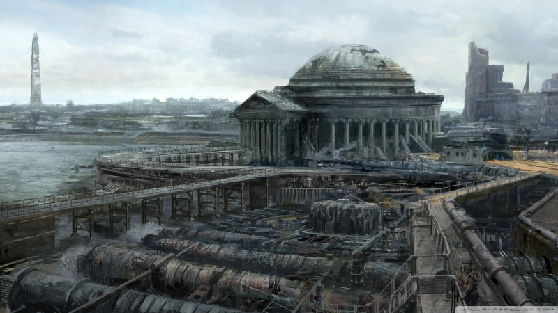 industry, air pollution, gray, buildimng, Fallout 3, city, concrete, building exterior, cloud - sky, travel destinations, the past, 1080P, skyscraper