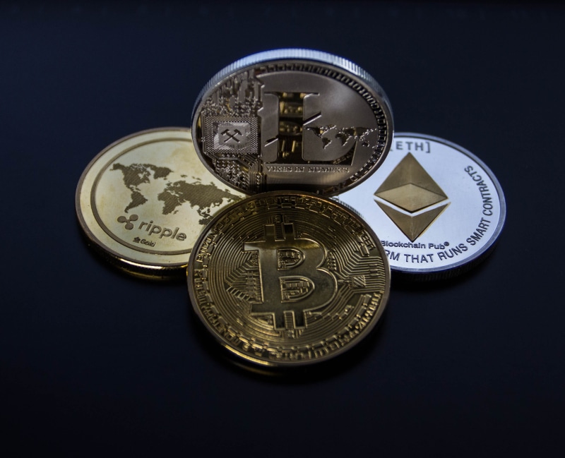 blockchain, metal, coins, blue, savings, bitcoin, litecoin, no people, four, text, indoors, coin, silver colored, pay, business, currency, ethereum, black background