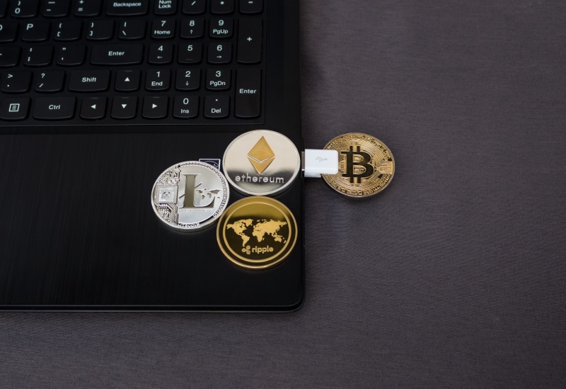 currency, btc, communication, ripple, conceptual, black, business, table, directly above, golden, encrypted, financial, keyboard, coin, bit-coin, computer