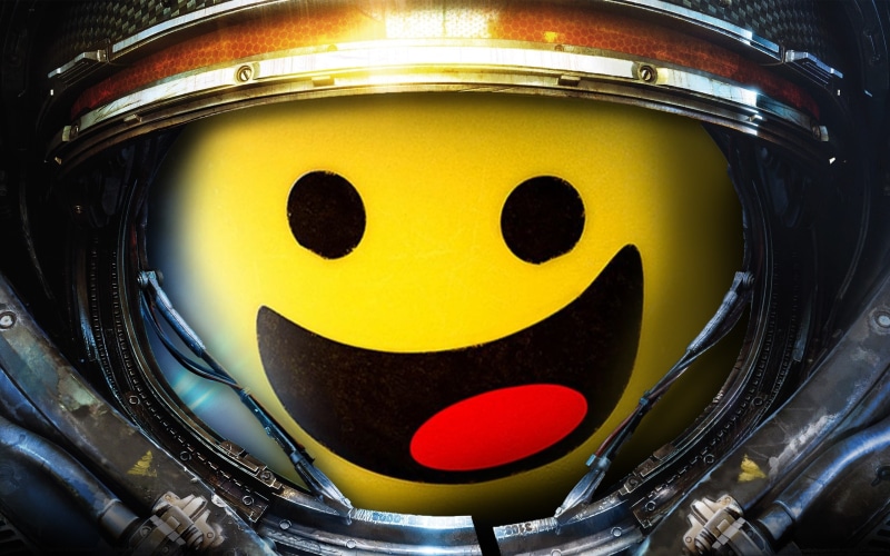 equipment, terran, close-up, anthropomorphic smiley face, representation, 2K, fan art, Benny, black color, Lego Spaceman, metallic, yellow, chrome, anthropomorphic