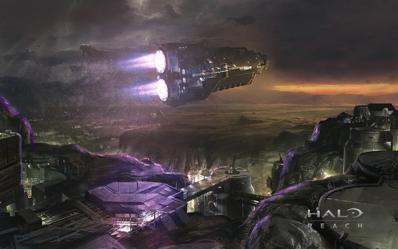 travel, outdoors, technology, night, built structure, Halo, illuminated, sky, mode of transportation, lens flare, purple, video games, lighting equipment