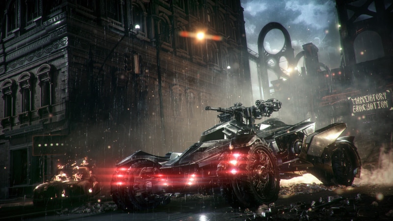 no people, snowing, stationary, outdoors, video games, building exterior, street, Batman: Arkham Knight, mode of transportation, architecture, Batman, game