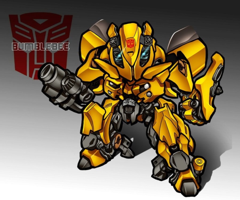 Transformers, one person, yellow, full length, 480P, creativity, human representation, bumblebee, indoors, illustration, cartoon, communication, black color
