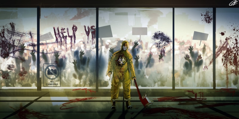 illustration, artwork, interior, apocalyptic, architecture, concept art, 4K, environment, character design, blood, digital art, creature, horror, people