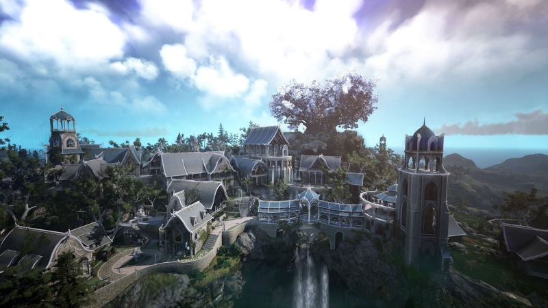 mmo, day, outdoors, building exterior, built structure, black, travel destinations, fighting, no people, online, water, religion, 1080P, plant, rpg, tree