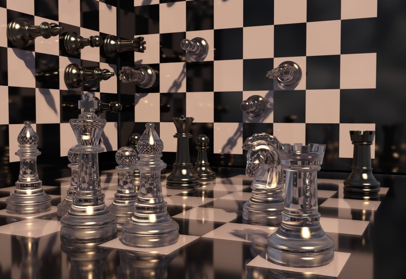 thinking, leisure activity, tower, strategy, play, horse, table, mirroring, pawn - chess piece, planning, relaxation, strategy game, glass, 2K, board game