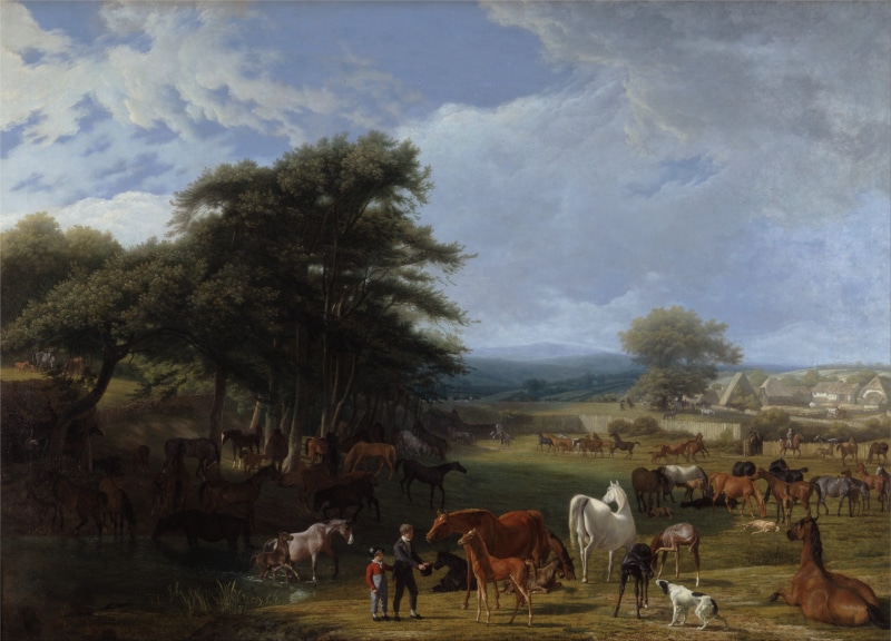 herd, artistic, clouds, nature, animal themes, trees, group of animals, herbivorous, man, livestock, field, mammal, day, oil on canvas, outside, animal