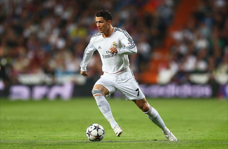 competition, Cristiano Ronaldo, 2K, adult, ball, soccer field, Real Madrid, practicing, soccer Ball, kicking, sports Uniform, people, winning, activity